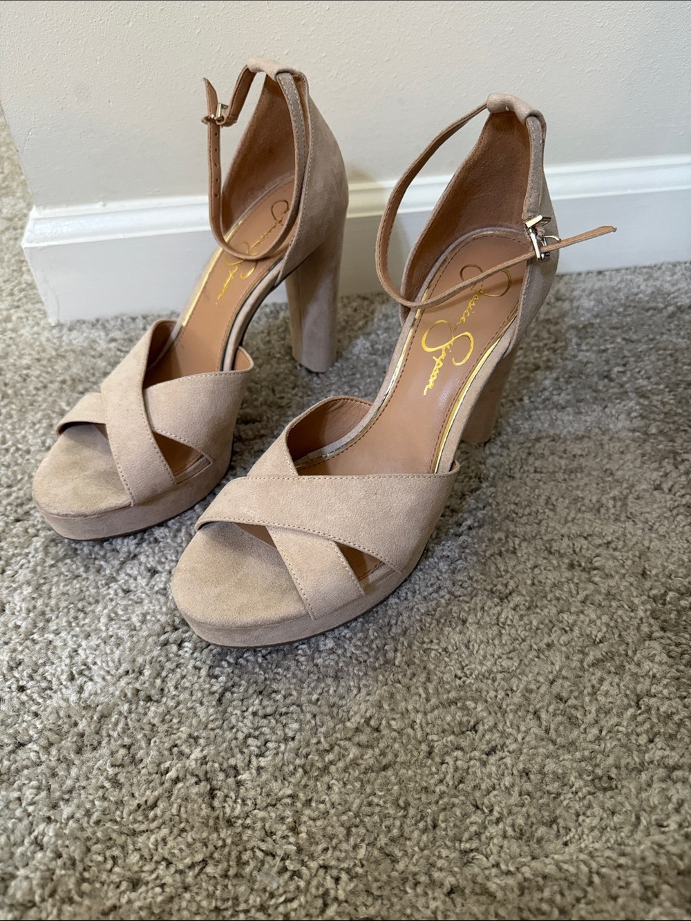 Jessica Simpson Beige Suede Platform Crisscross Ankle Strap Heels